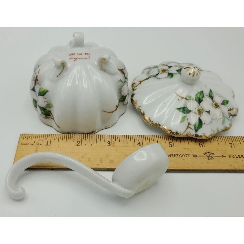 Vtg Dogwood Footed Guilded Serving‎ Mayonnaise Sugar Bowl Lid Spoon NW-DW-60